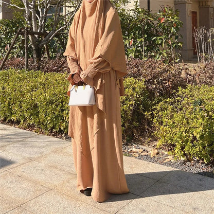 Khaki Crepe Crinkle Abaya With Khimar Set - clearance online only