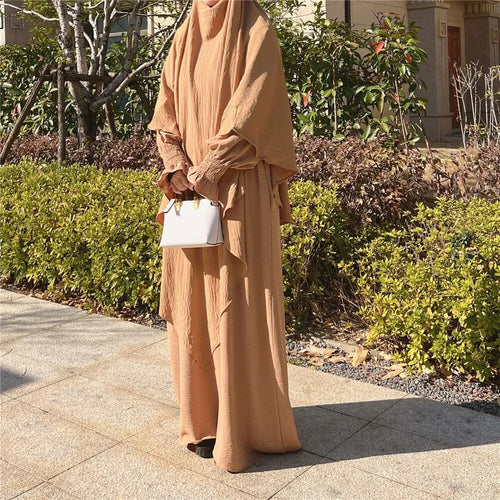 Khaki Crepe Crinkle Abaya With Khimar Set - clearance online only
