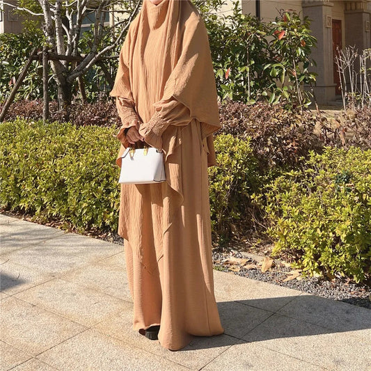 Khaki Crepe Crinkle Abaya With Khimar Set - clearance online only