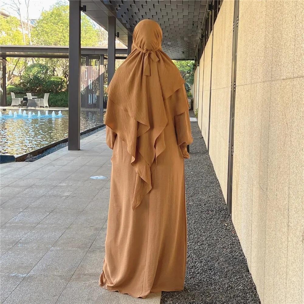 Khaki Crepe Crinkle Abaya With Khimar Set - clearance online only