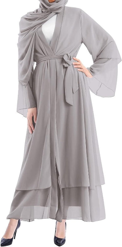 Light Grey Open Abaya With Hijab