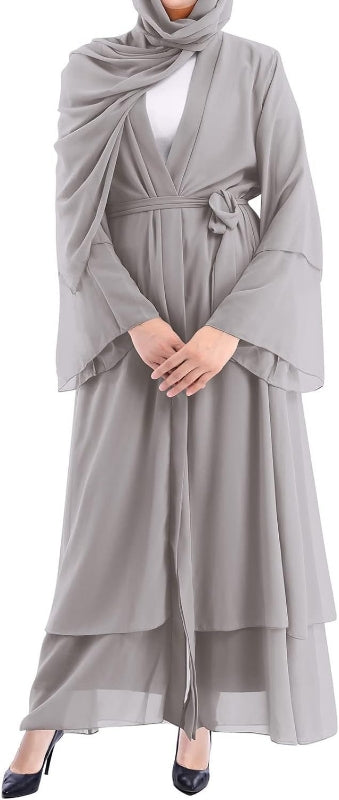 Light Grey Open Abaya With Hijab