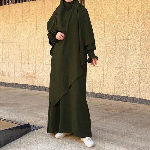 Olive Green Crepe Crinkle Abaya With Khimar Set - clearance online only