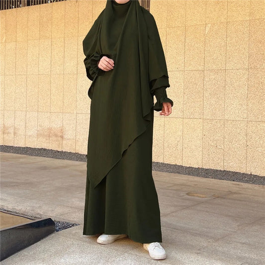 Olive Green Crepe Crinkle Abaya With Khimar Set - clearance online only