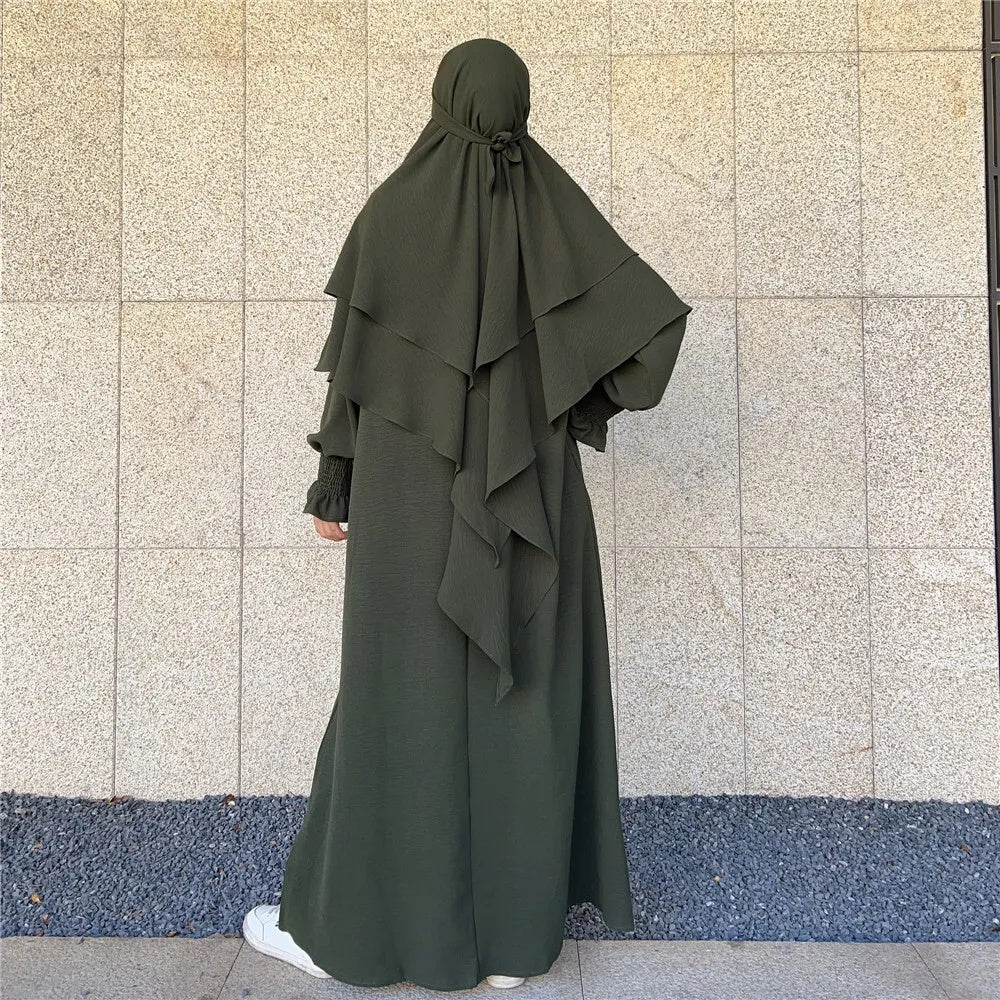 Olive Green Crepe Crinkle Abaya With Khimar Set - clearance online only