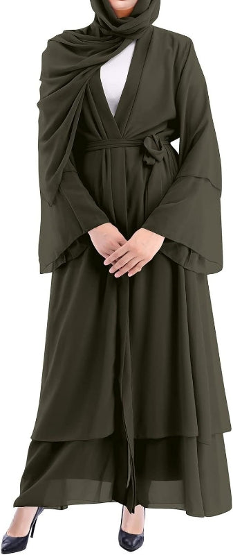 Olive Green Open Abaya With Hijab