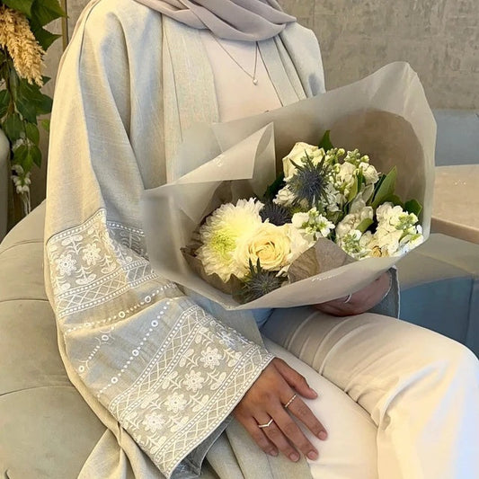 Open Abaya With Embroidered Sleeves - Beige (clearance item online only)