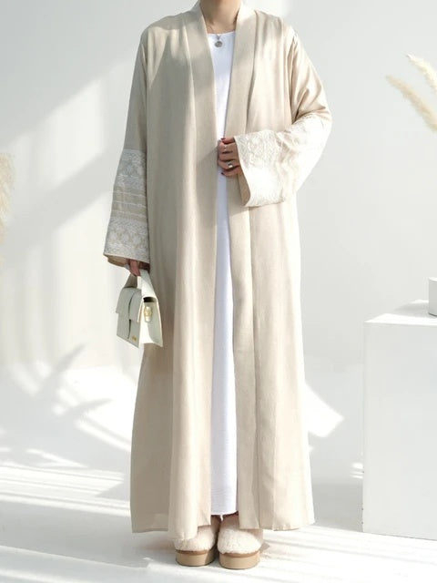 Open Abaya With Embroidered Sleeves - Beige (clearance item online only)