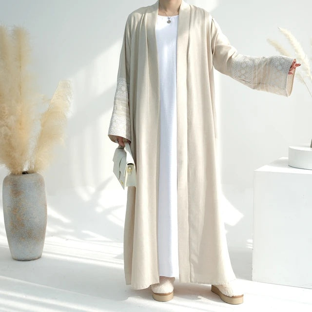 Open Abaya With Embroidered Sleeves - Beige (clearance item online only)