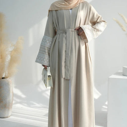 Open Abaya With Embroidered Sleeves - Beige (clearance item online only)