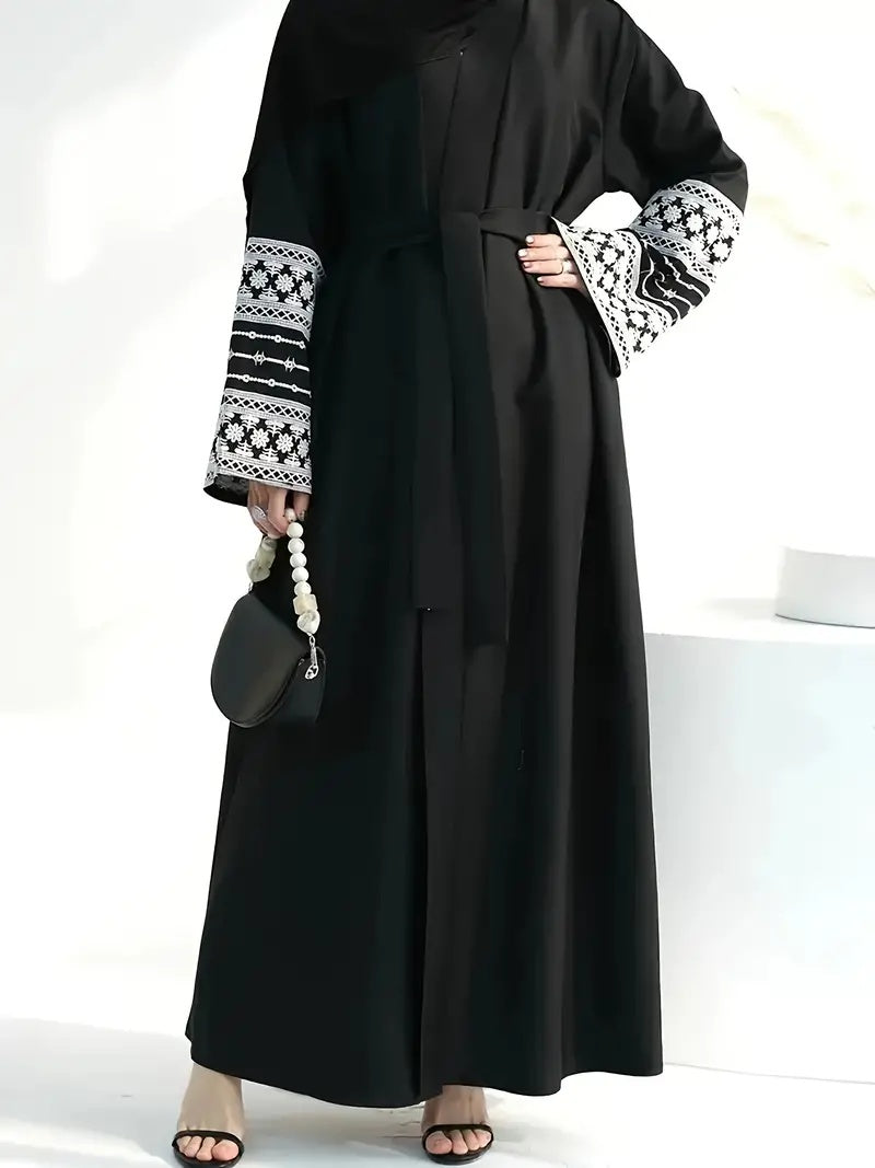 Open Abaya With Embroidered Sleeves - Black (clearance item online only)