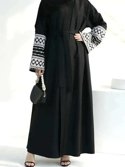 Open Abaya With Embroidered Sleeves - Black (clearance item online only)