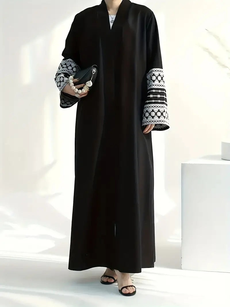 Open Abaya With Embroidered Sleeves - Black (clearance item online only)