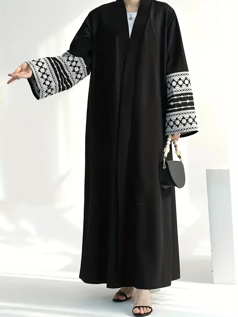 Open Abaya With Embroidered Sleeves - Black (clearance item online only)