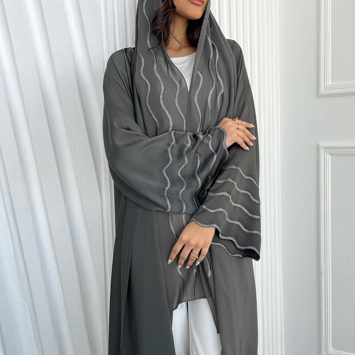 Open Abaya With Matching Hijab in Grey