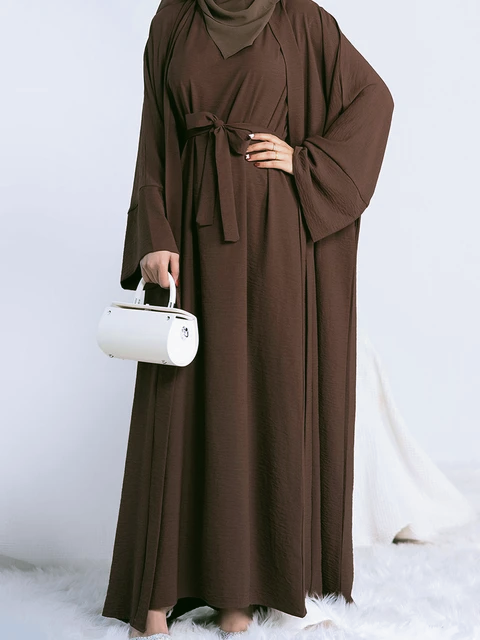 Plain Abaya 3 Piece Set - Dark Coffee