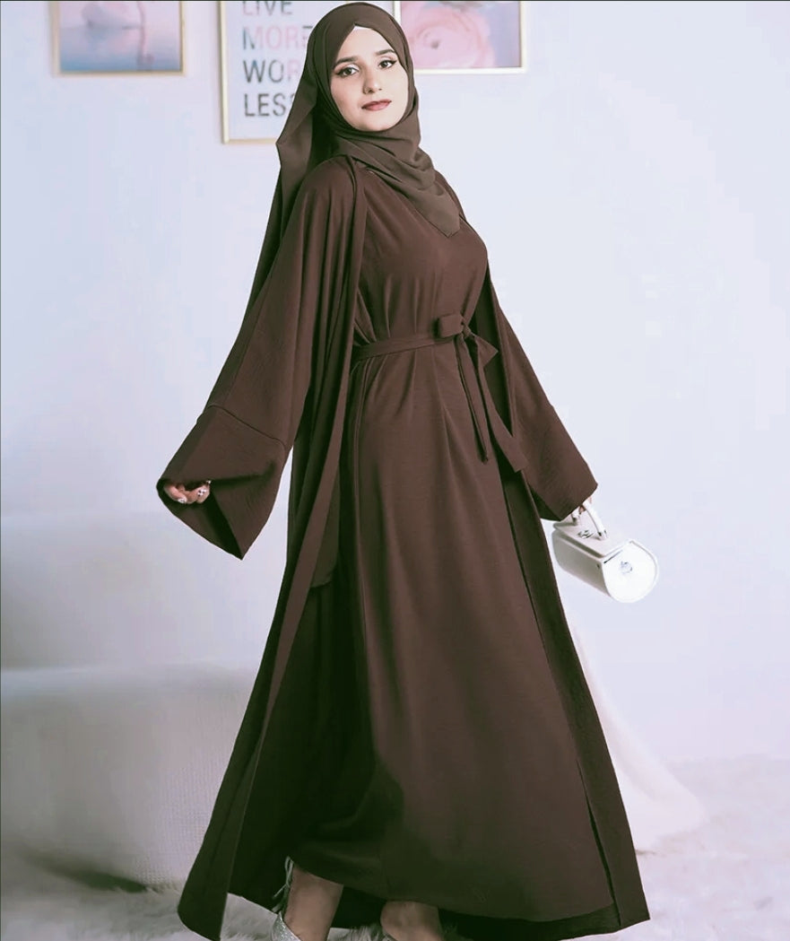 Plain Abaya 3 Piece Set - Dark Coffee