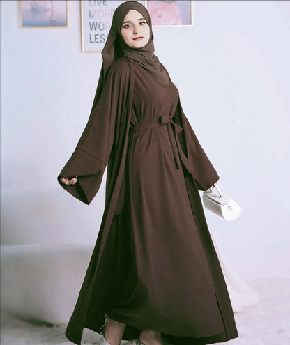 Plain Abaya 3 Piece Set - Dark Coffee