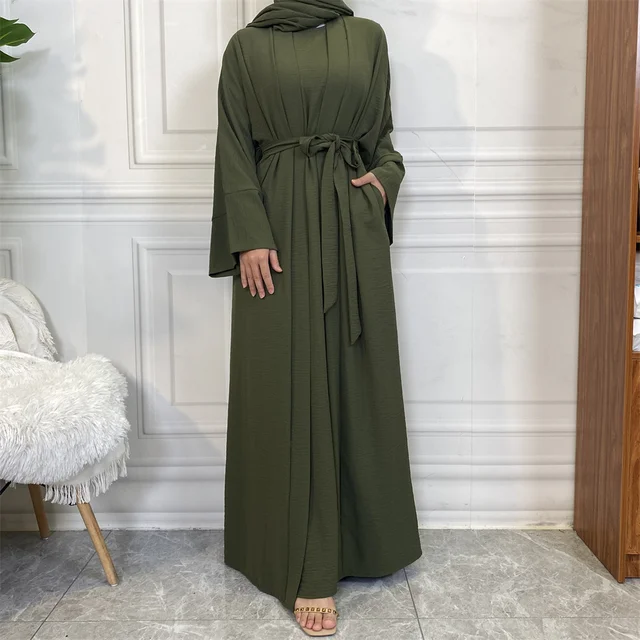 Plain Abaya 3 Piece Set - Olive Green