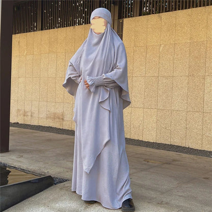 Silver Grey Crepe Crinkle Abaya With Khimar Set - clearance online only