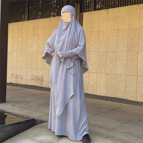 Silver Grey Crepe Crinkle Abaya With Khimar Set - clearance online only