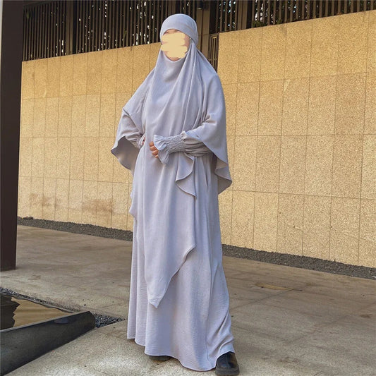 Silver Grey Crepe Crinkle Abaya With Khimar Set - clearance online only