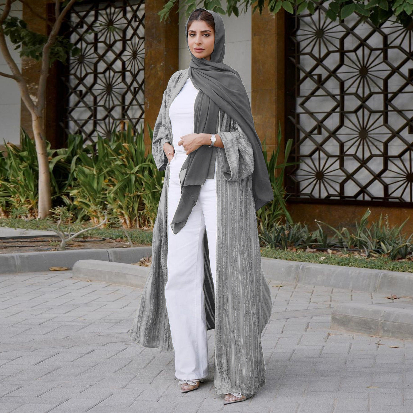 Vintage Summer Open Abaya - Pearl Grey