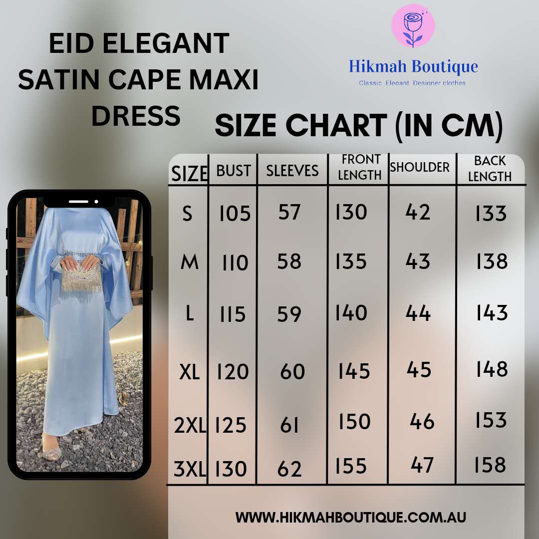 Eid Dress Elegant Satin Cape Abaya | Modest Eid Dress with Pearl & Rhinestone in Dusty Sky Blue (clearance online only)