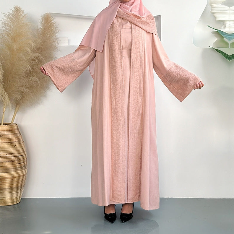 Embroidered Linen Abaya 3 Piece Set - Blossom