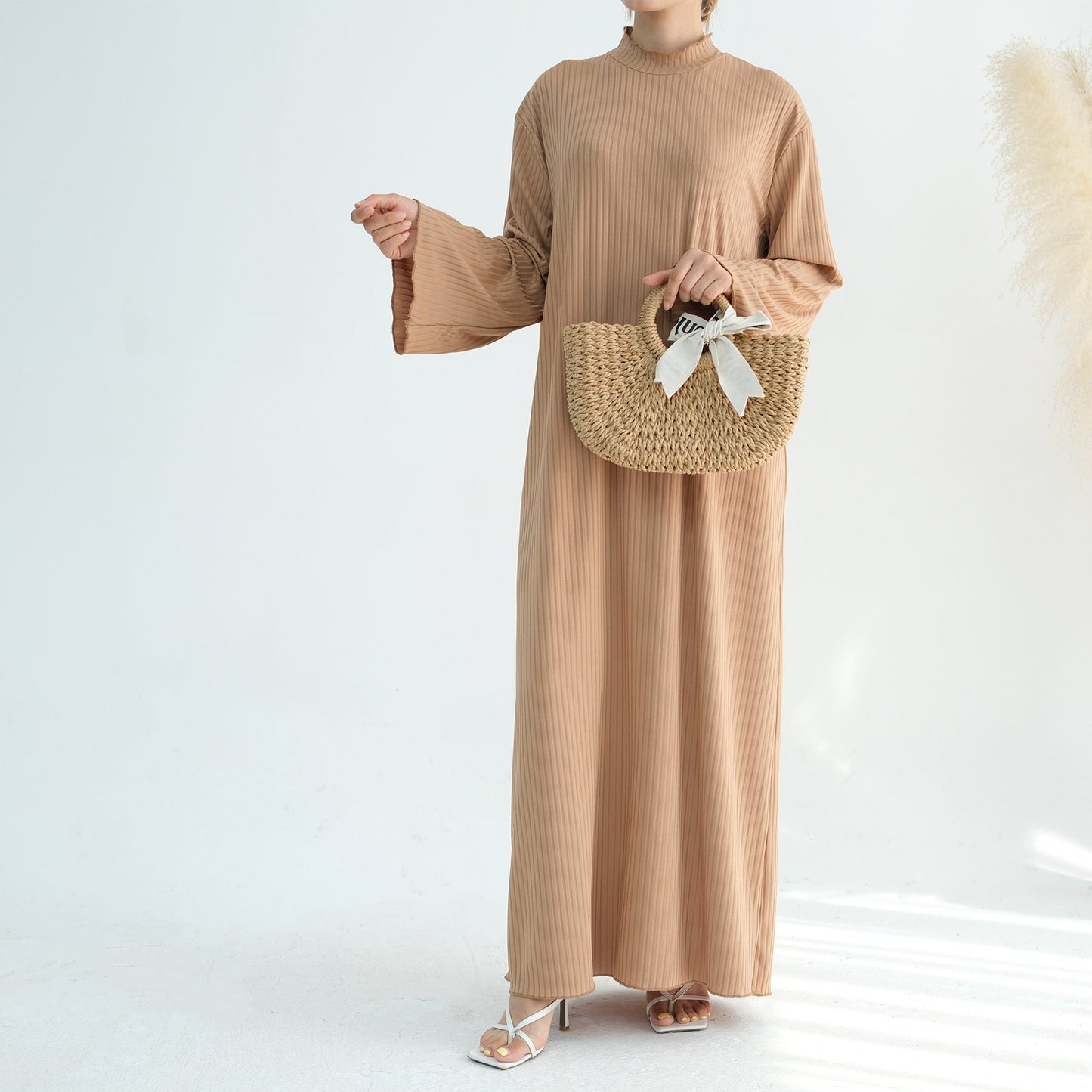 Ribbed Knit Jersey Long Sleeve Abaya – Apricot