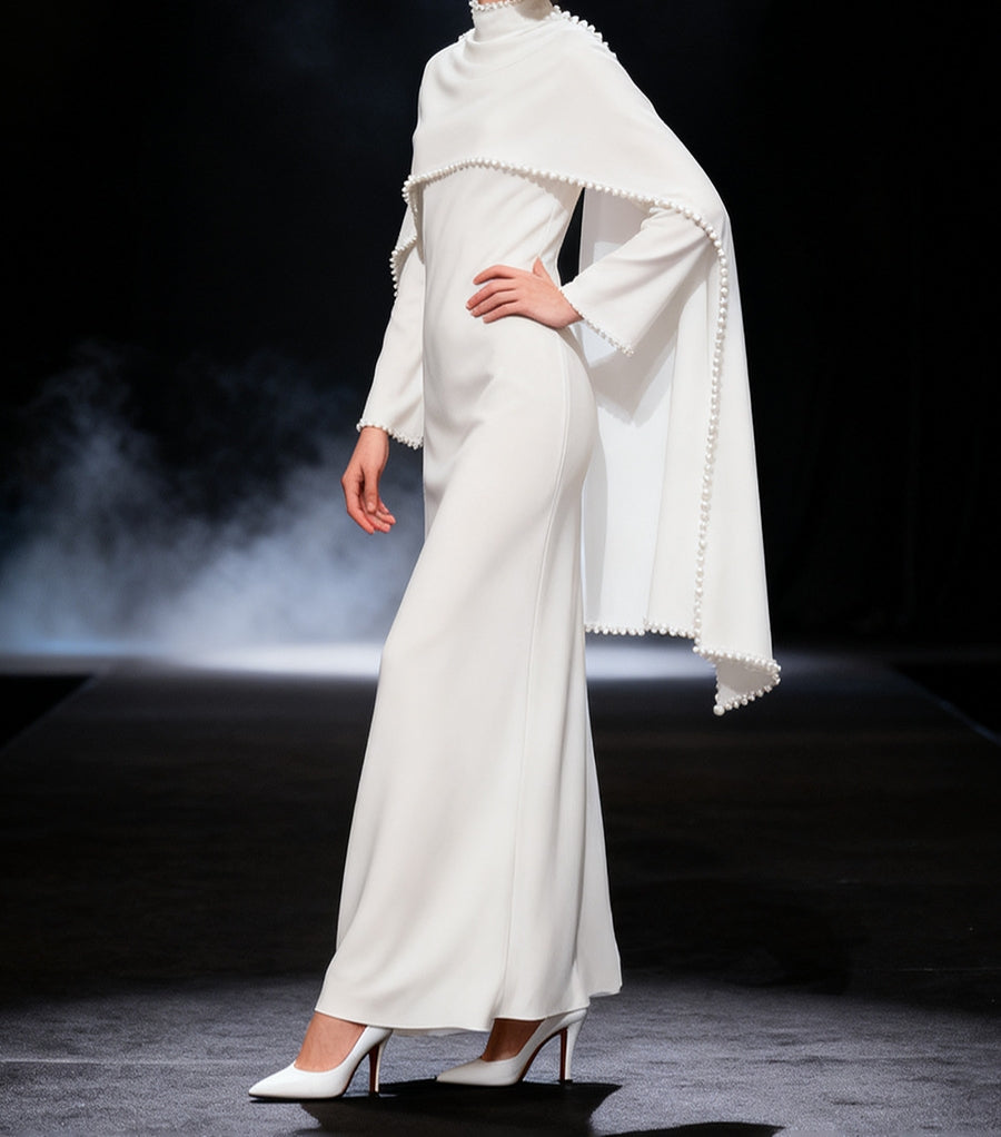 White Jersey Abaya with Matching Decorative Pearl Strip