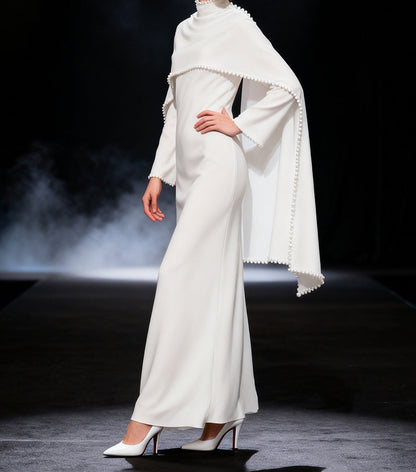 White Jersey Abaya with Matching Decorative Pearl Strip