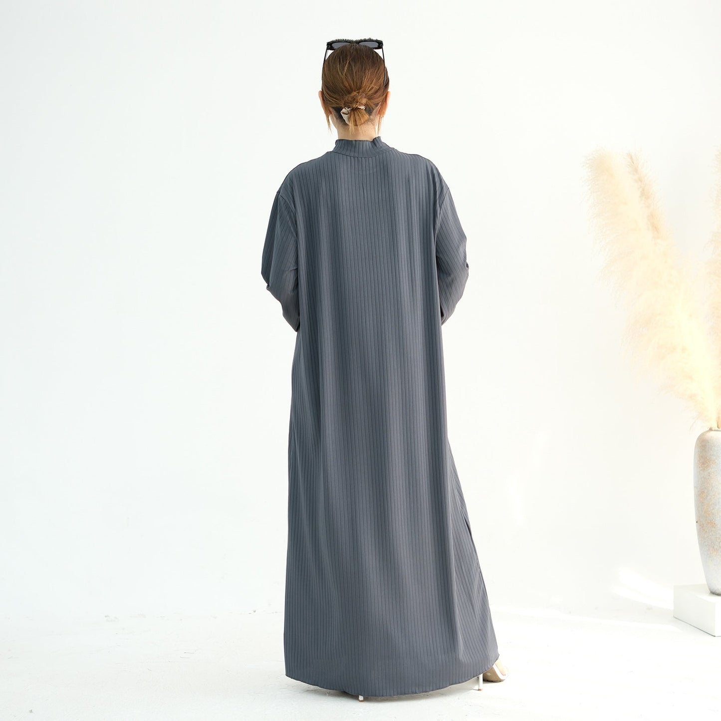 Ribbed Knit Jersey Long Sleeve Abaya – Slate Grey