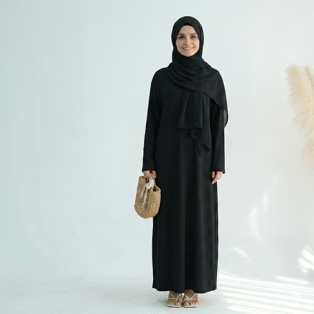 Ribbed Knit Jersey Long Sleeve Abaya – Black