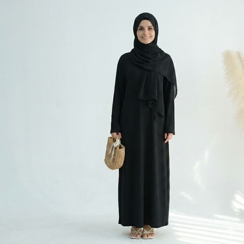 Ribbed Knit Jersey Long Sleeve Abaya – Black