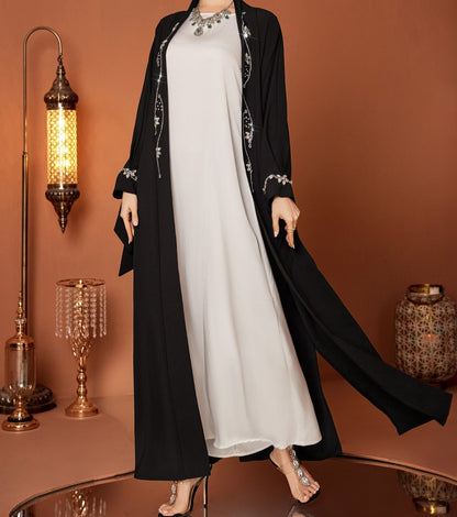 Rhinstones Open Abaya in Black