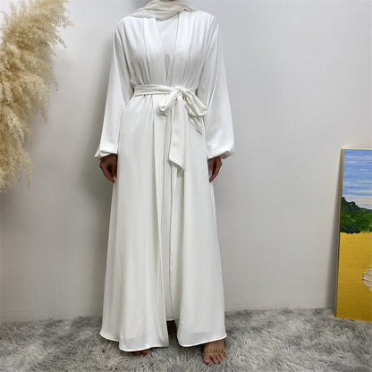 Plain Open Abaya with Matching Belt - White
