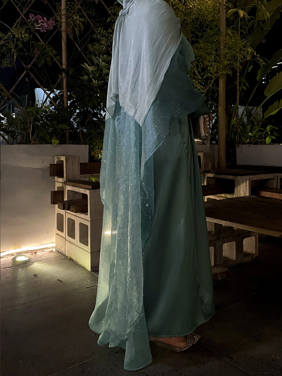 Eid Edit|Elegant Satin Abaya with Dazzling Cape & Rhinestones Belt in Dusty Aqua|Eid Abaya Dresses