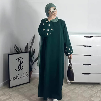 Plain Abaya wt Daisy Embroidered Sleeves - Green
