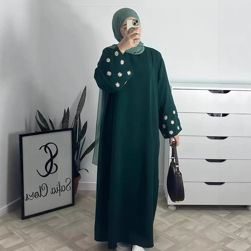 Plain Abaya wt Daisy Embroidered Sleeves - Green