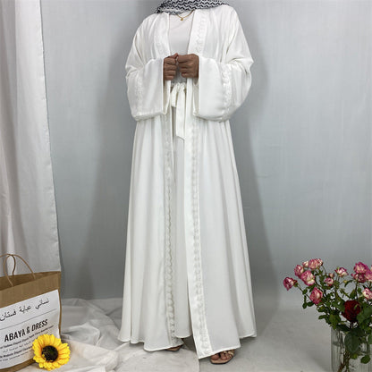 Plain Open Abaya with Decoration - White