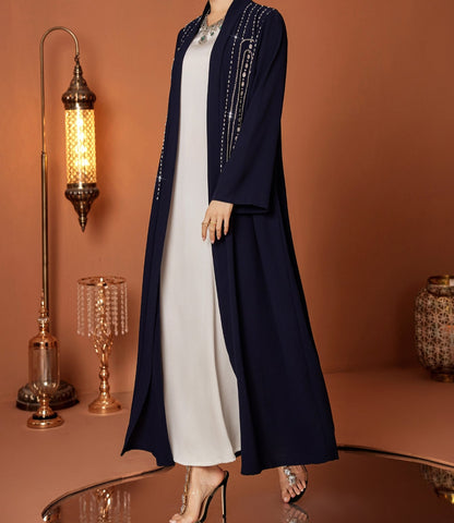 Rhistones Open Abaya in Dark Navy