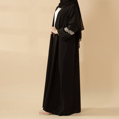 Decorative Open Abaya With Matching Hijab - Black