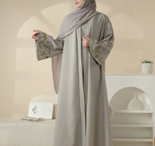 Floral Embroidered Abaya 3 Piece Set - Light Grey