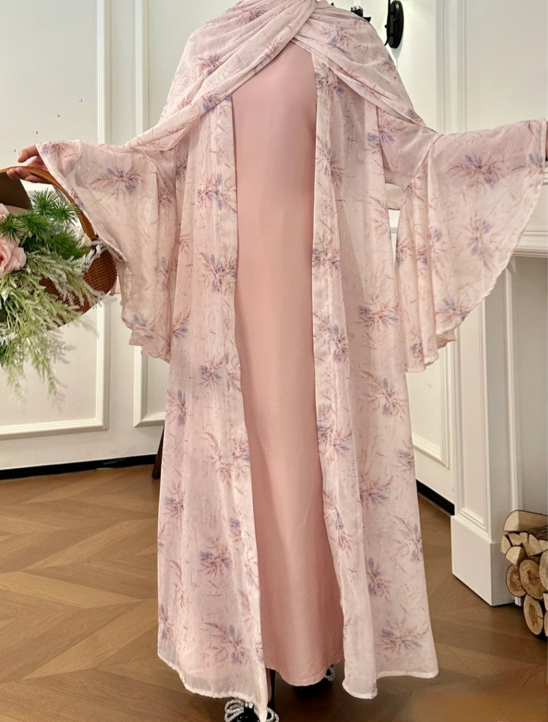 Floral Print Chiffon Abaya 3 pcs Set - Blossom