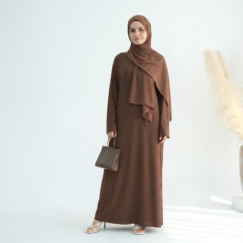 Ribbed Knit Jersey Long Sleeve Abaya – Coffee Brown