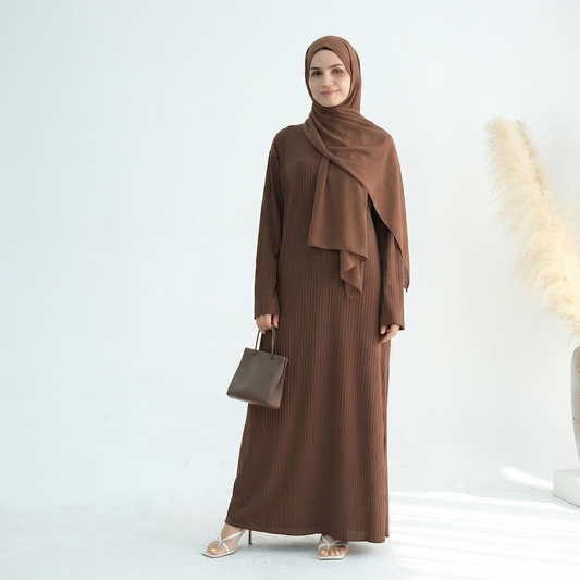 Ribbed Knit Jersey Long Sleeve Abaya – Coffee Brown
