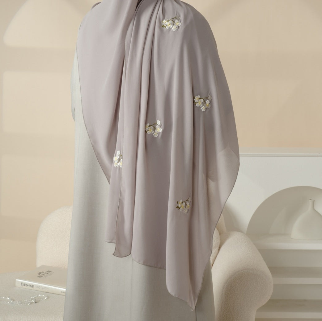 Floral Embroidered Abaya 3 Piece Set - Light Grey