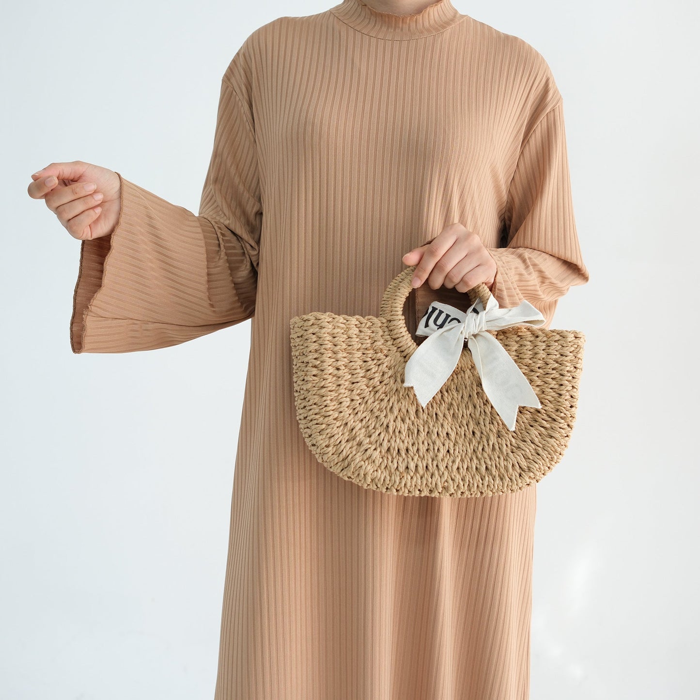 Ribbed Knit Jersey Long Sleeve Abaya – Apricot