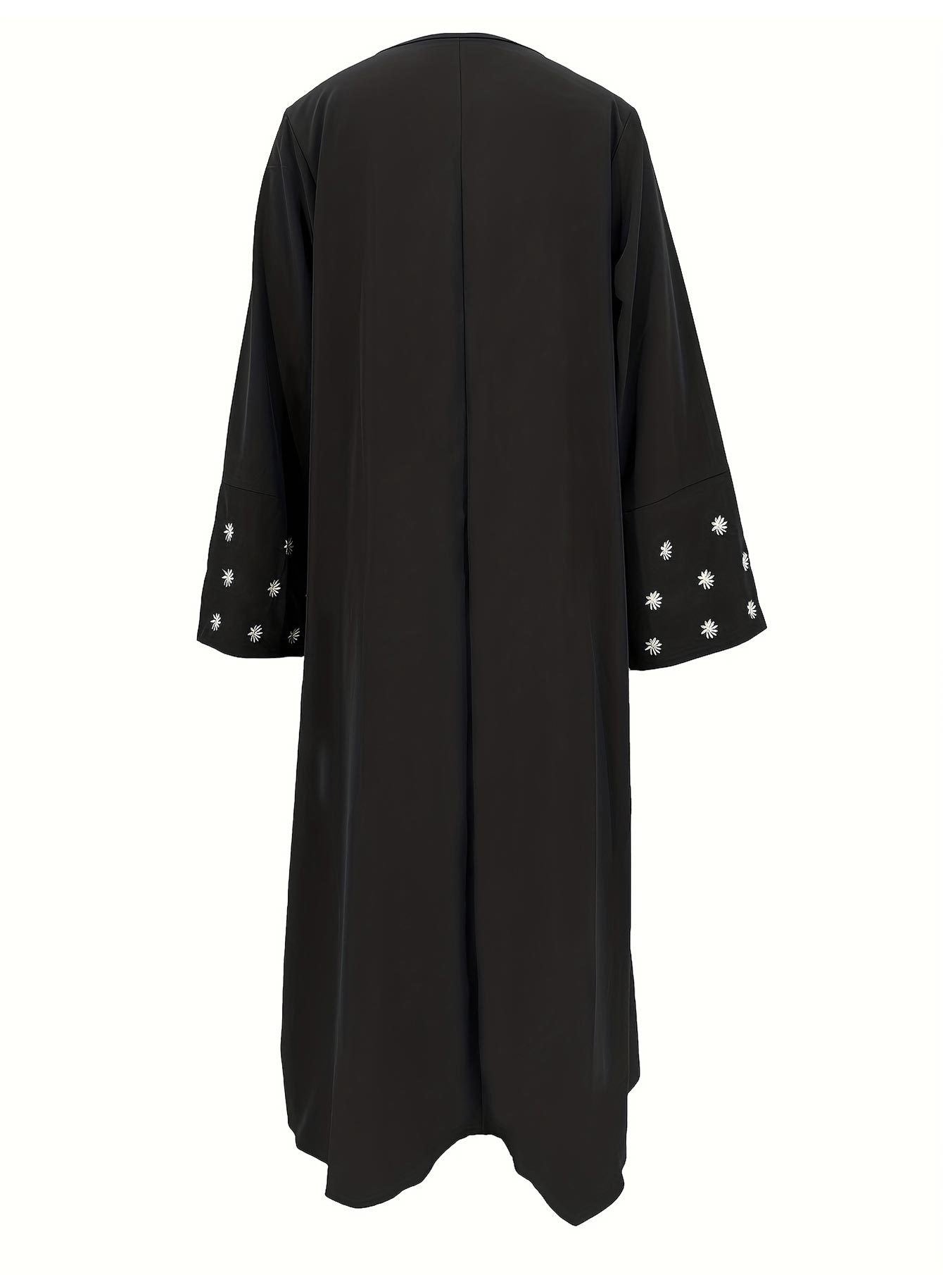 Plain Abaya wt Daisy Embroidered Sleeves - Black